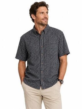 Flyshacker Clothing Co. Men’s Large Navy Blue White Seersucker Check Shirt